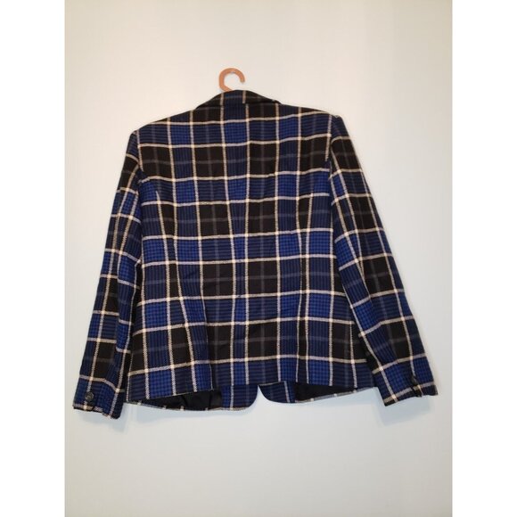 Rena Rowan Women's Sz 10 Plaid Button Front Lined Jacket Blazer 100% Wool Blue - Picture 2 of 9